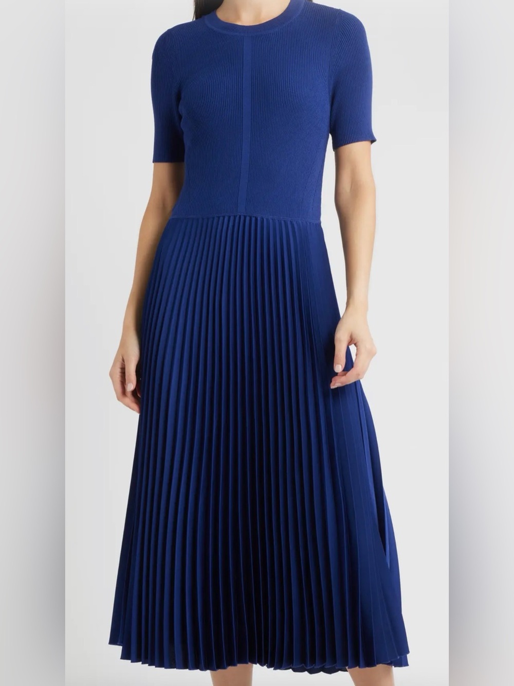 Hugo Boss Navy Fadridi Rib & Pleated Midi A-Line Dress (size medium)